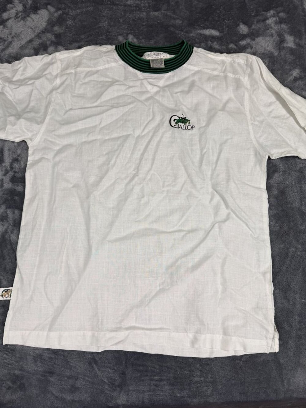 Gallop California Style Mens White Green Striped Collar Polo Tee L
